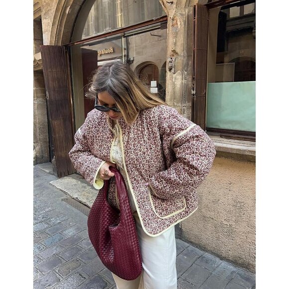 Women's Floral Quilted Jackets Cropped Button Down Padded Puffer Jacket Red - Picture 8 of 8